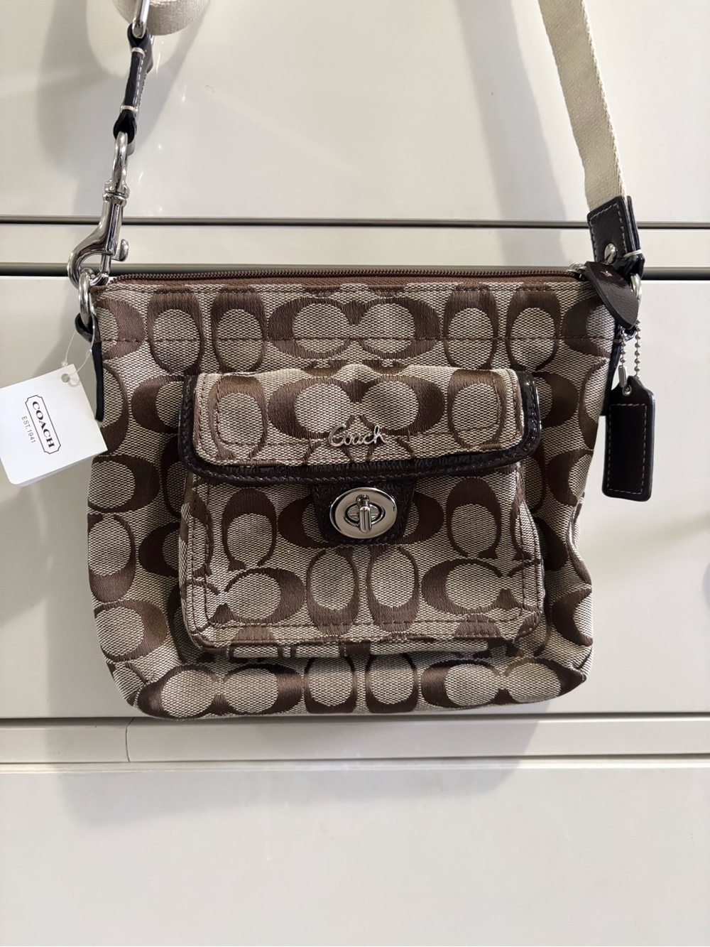 Coach Signature Turnlocket Crossbody Bag in Khaki/Mahogany